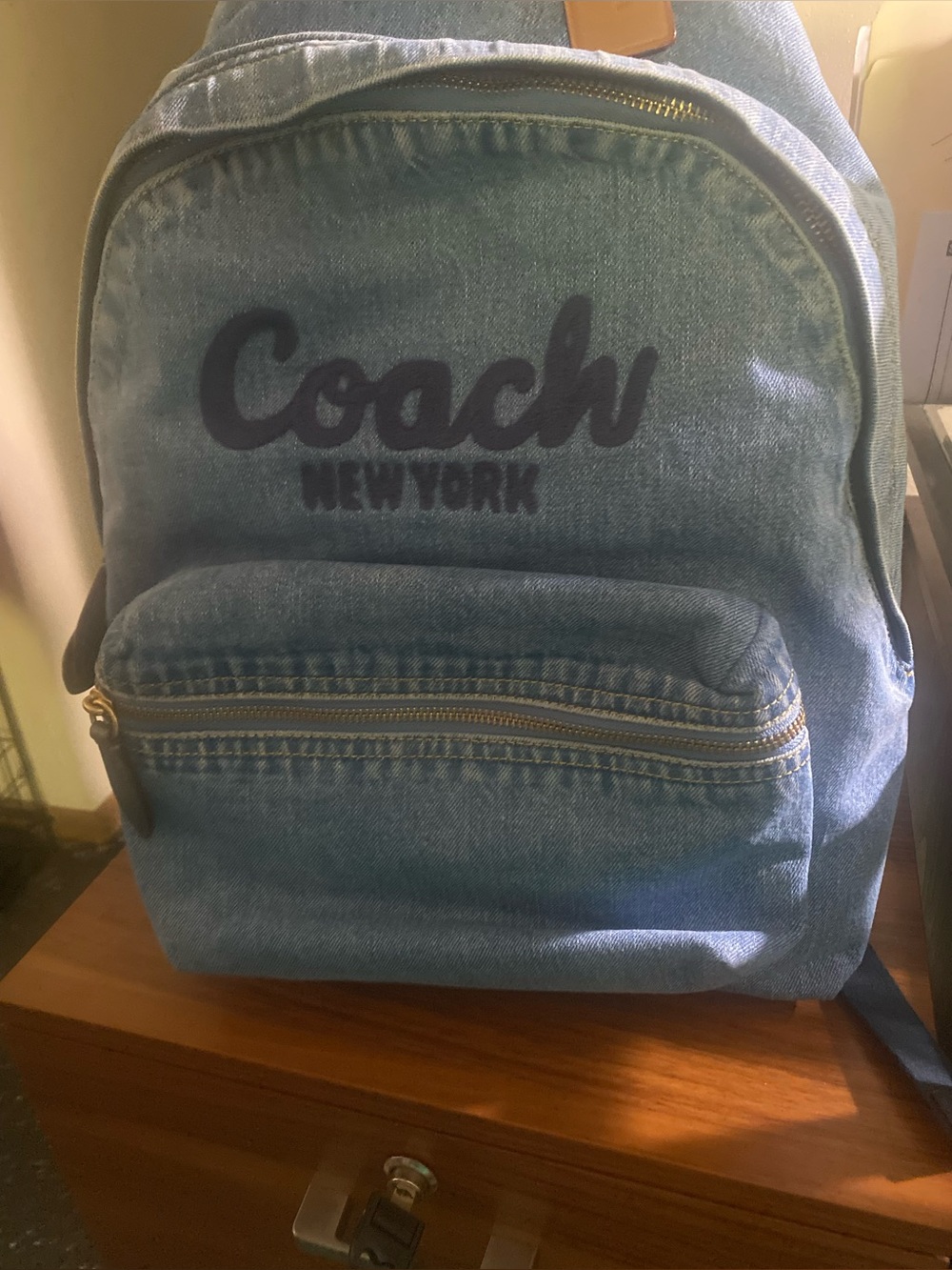 Coach Light Denim Blue Logo Backpack with Gold Accents